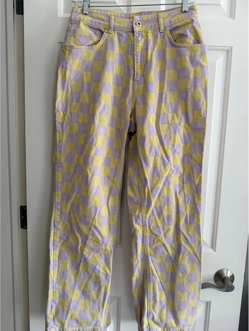 Ragged Jeans Checkerboard Pants Women's Size 30 Yellow & Lilac Plaid Denim
